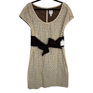 NWT Kate Hill Beige & Brown Lace Dress Bow Tie Waist Cottagecore Prairie Sz‎ 14P